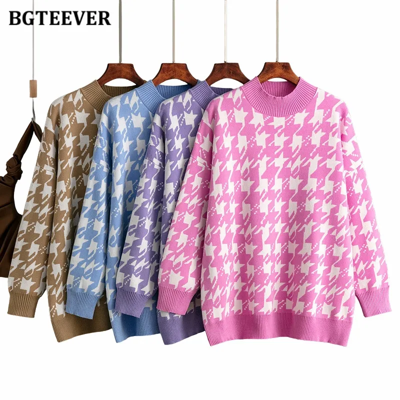 

BGTEEVER Casual O-neck Knitted Houndstooth Sweaters Women Long Sleeve Warm Ladies Pullovers Jumpers Autumn Winter