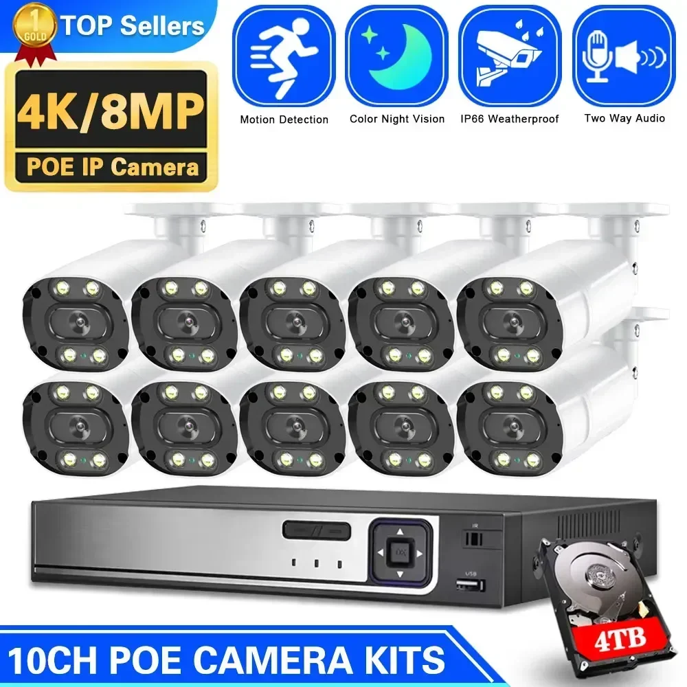 

8CH 4K 8MP POE Security Camera System Two Way Audio 8MP NVR Kit CCTV Outdoor IP Camera H.265 P2P Video Surveillance 10CH Set