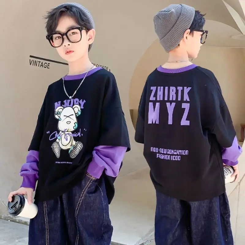 

Boys' Sweater Spring 2022 New Middle and Big Children's Autumn Clothes Fake Two Loose Children's Long-sleeved T-shirts Cotton