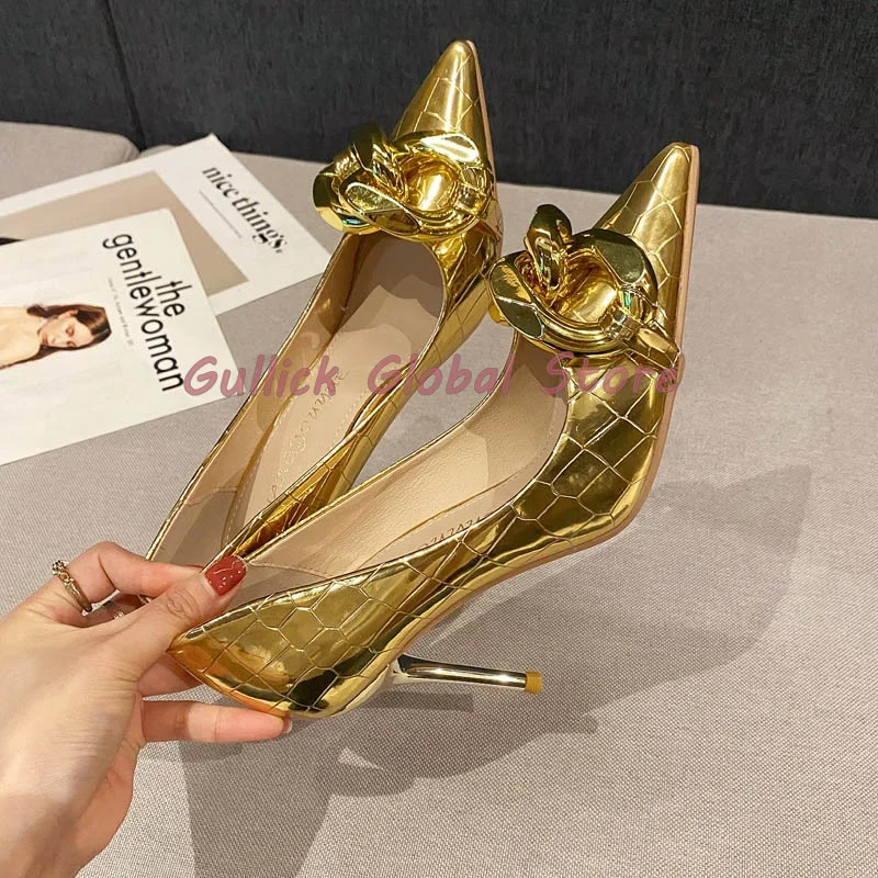

2024 New Style PU Pointed Toe Shallow Metal Decoration Serpentine Stiletto Pumps Summer Career Sexy Comfortable Soft Women Shoes