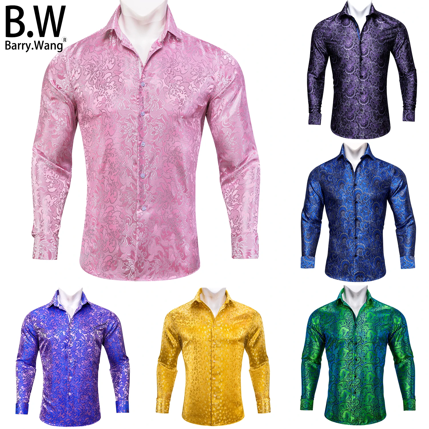 

Luxury Silk Mens Shirts Jacquard Floral Long Sleeve Formal Casual 26 Colours Male Blouses Wedding Business Prom Gift Barry.Wang