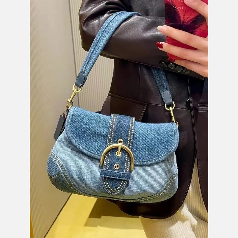 

Denim Handbags for Women Luxury Design Canvas Underarm Bag Splicing Pattern Handbag 2024 Fashion Trend Envelope Underarm Bag