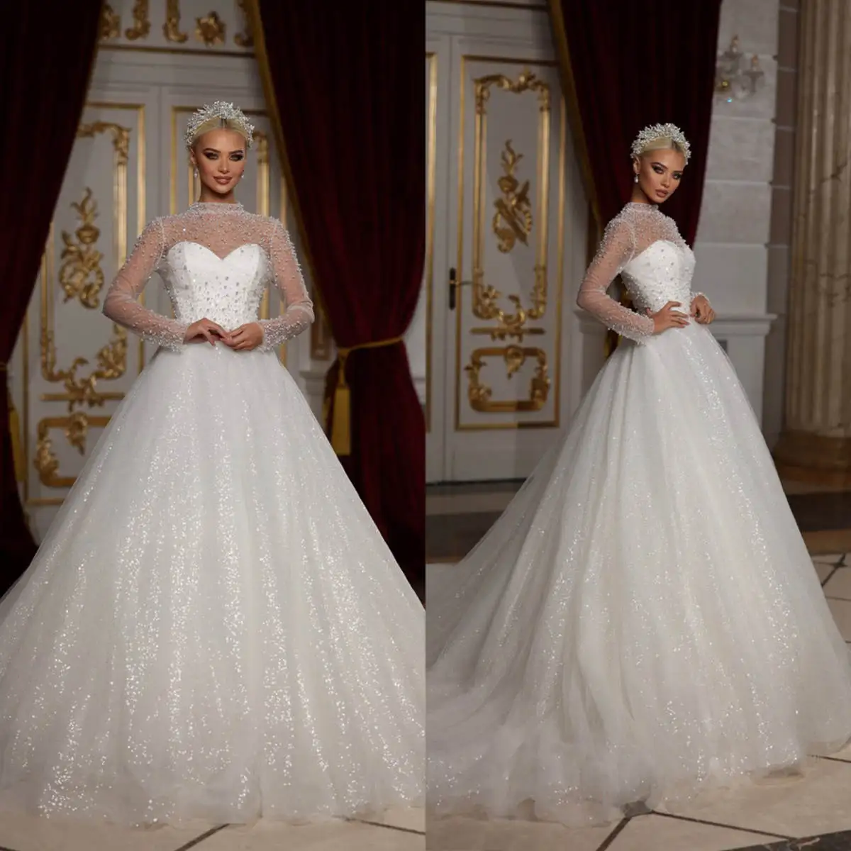Elegant A Line Wedding Dress Beaded Pearls High Neck Lace Long Sleeve Bride Gowns Sequins Sweep Train Tulle Bridal Dresses
Elegant A Line Wedding Dress Beaded Pearls High Neck Lace Long Sleeve Bride Gowns Sequins Sweep Train Tulle Bridal Dresses