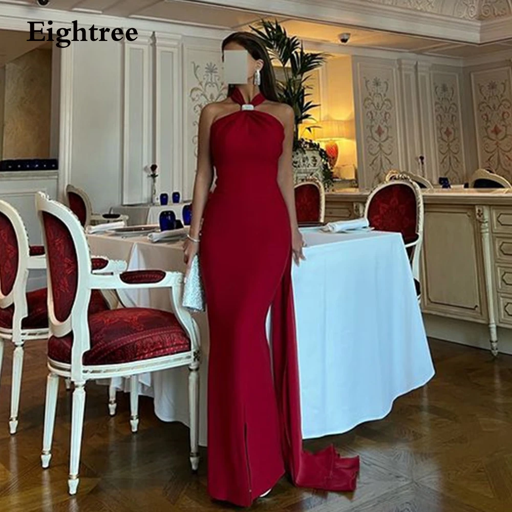 

Eightree Burgundy Sexy Prom Dress Stain Mermaid Halter Neck Slit Formal Long Backless Evening Dresses 2023 Abendkleider Dubai