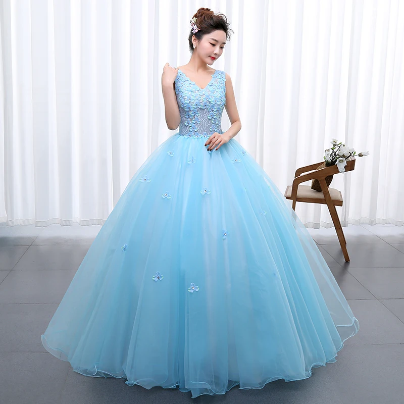 

Blue Tulle Vestido De Debutante Classic V-neck Floor-length Puffy Dresses For Prom Sweet Small Appliques Quinceanera Dress