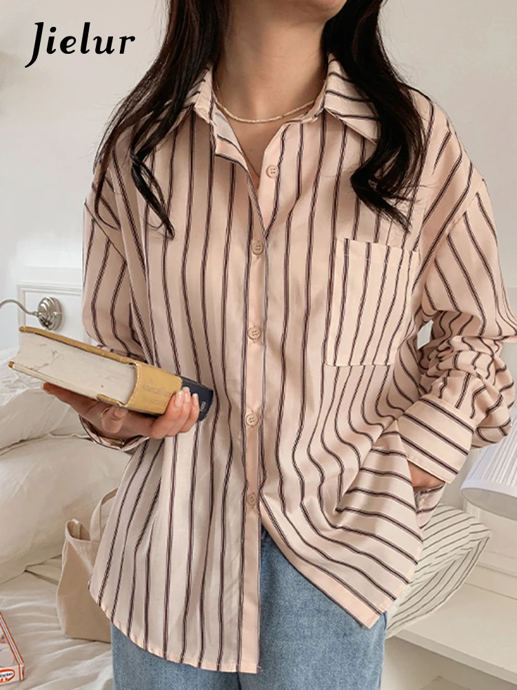 

Jielur Spell Color Striped Casual Women Shirt Fashion Office Lady Single Breasted Buttons Polo Drop Sleeve Basic Female Shirts