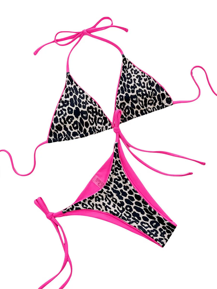 

Women Sexy Bikini Set 2 Pieces Swimsuits Leopard Tie-Up Halter Neck Padded Bra Thong Bottoms Triangle Beach Bathing Suit