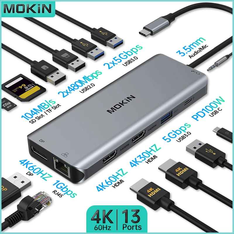 

Док-станция MOKiN 13 в 1 для MacBook Air/Pro, iPad, ноутбука Thunderbolt — USB2.0, USB3.0, HDMI 4K30 Гц, PD 100 Вт, RJ45 1 Гбит/с