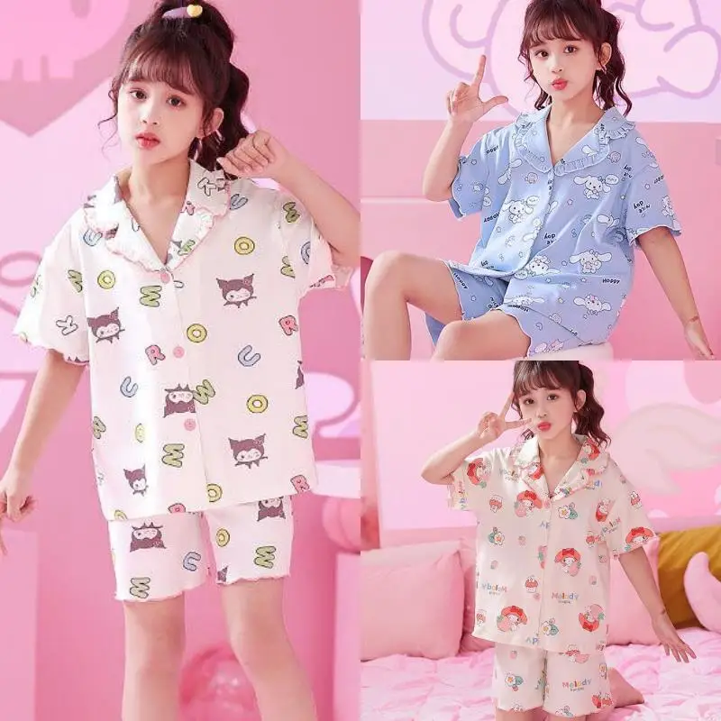 

Anime Sanrios My Melody Cinnamoroll Kuromi Cute Short Sleeve Kids Pijamas Suit Summer Baby Girls Breathable Pajamas Set Homewear