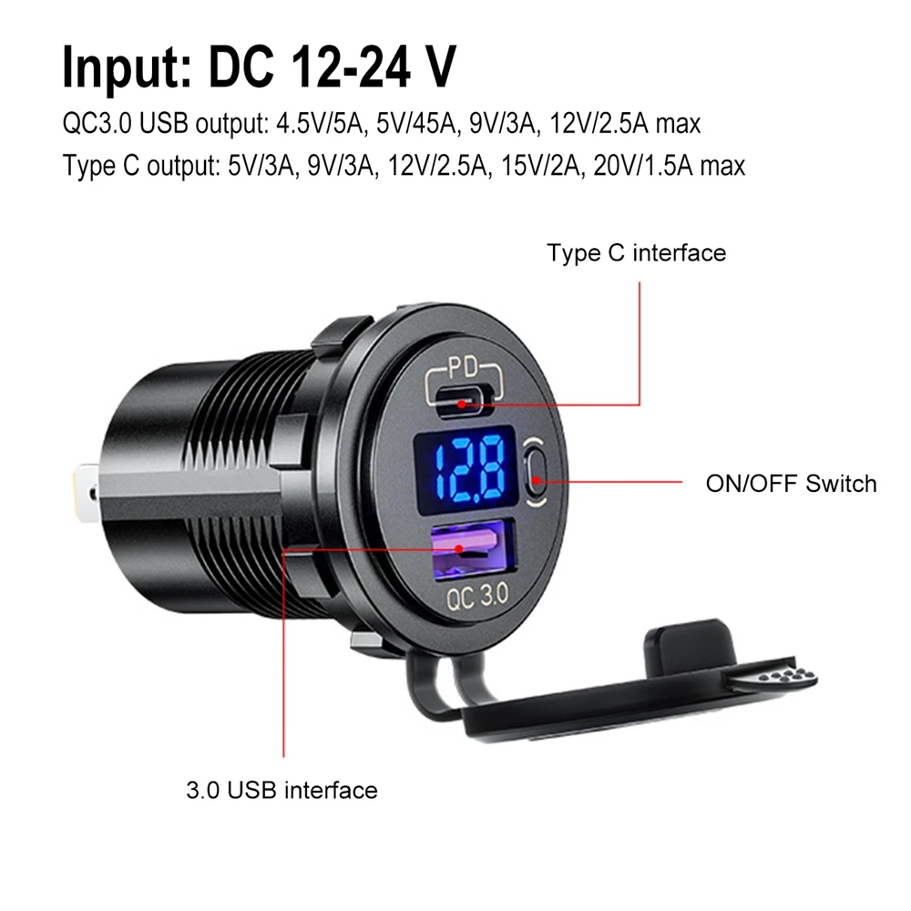 

48W USB Type C Car Usb Charger Socket 12V 24V Dual USB Outlet PD3.0&QC3.0 Car Socket with LED Voltmeter and ON/Off Switch Fast C