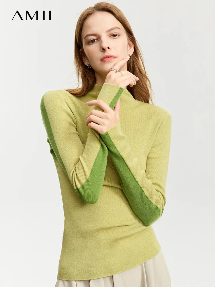 

AMII Minimalist Sweater for Women 2023 Spliced Mock Neck Autumn New Slim Bottom Tops Office Lady Full Sleeve Pullovers 12343349