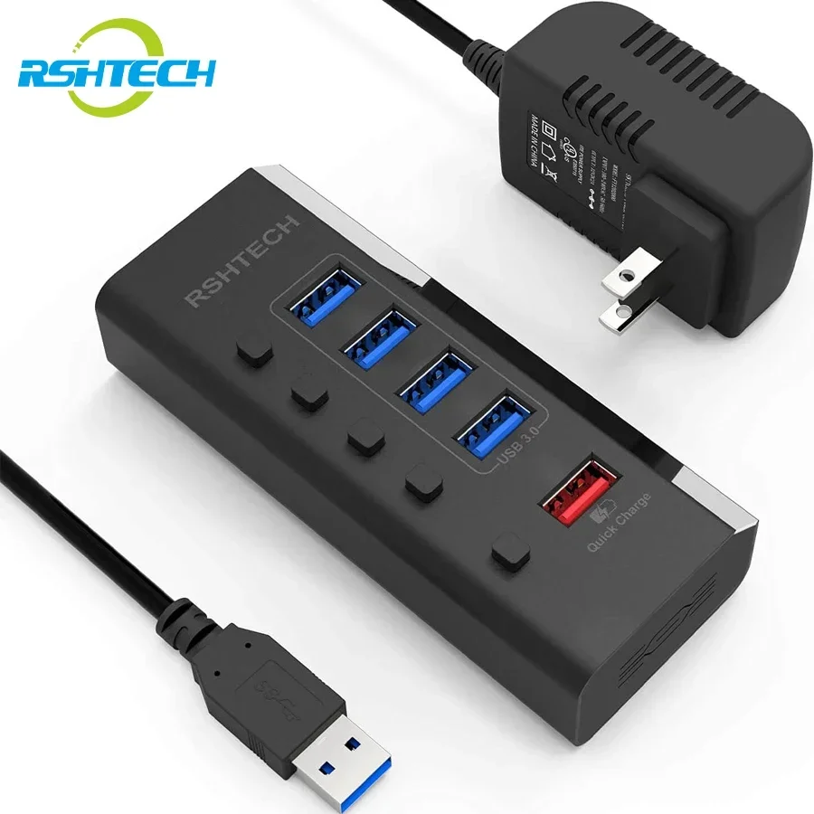 

RSHTECH A35B USB Hub ABS Plastic USB3.0 Data Ports 5Gbps QC 3.0 Fast Charging Multi Splitter Adapter Individual On/Off Switches