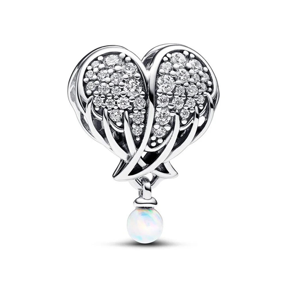 

2023 Winter Real 925 Sterling Silver Bead Sparkling Angel Wings & Heart Charm Fit Pandora Women Bracelet Bangle Gift DIY Jewelry