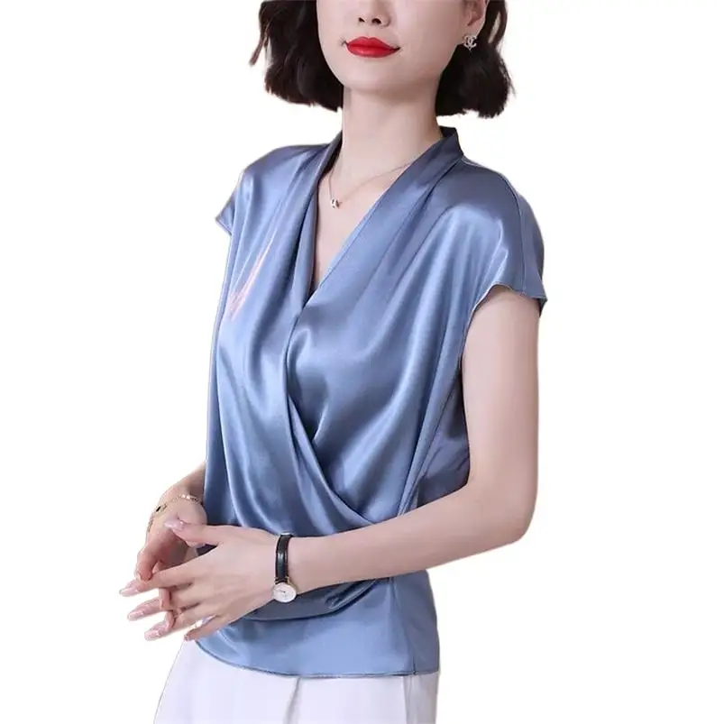 

Женская Элегантная блузка в стиле ретро, однотонная атласная Асимметричная блузка во французском стиле с V-образным вырезом и коротким рукавом, свободная универсальная женская одежда