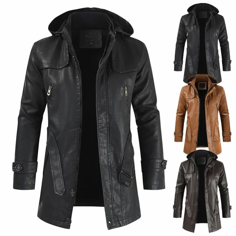 

Wepbel Y2K Men's Mid-Length Leather Coat Youth Plus Size PU Leather Trench Coat Men's Coat Hooded Handsome Locomotive Outwear