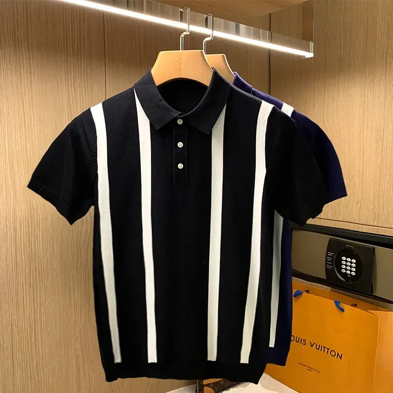 

Summer Stripe Casual Gentmen Polo Shirt Short Sleeve Loose Business Polo-shirts Man All Match Top Male Fashion Clothes W33