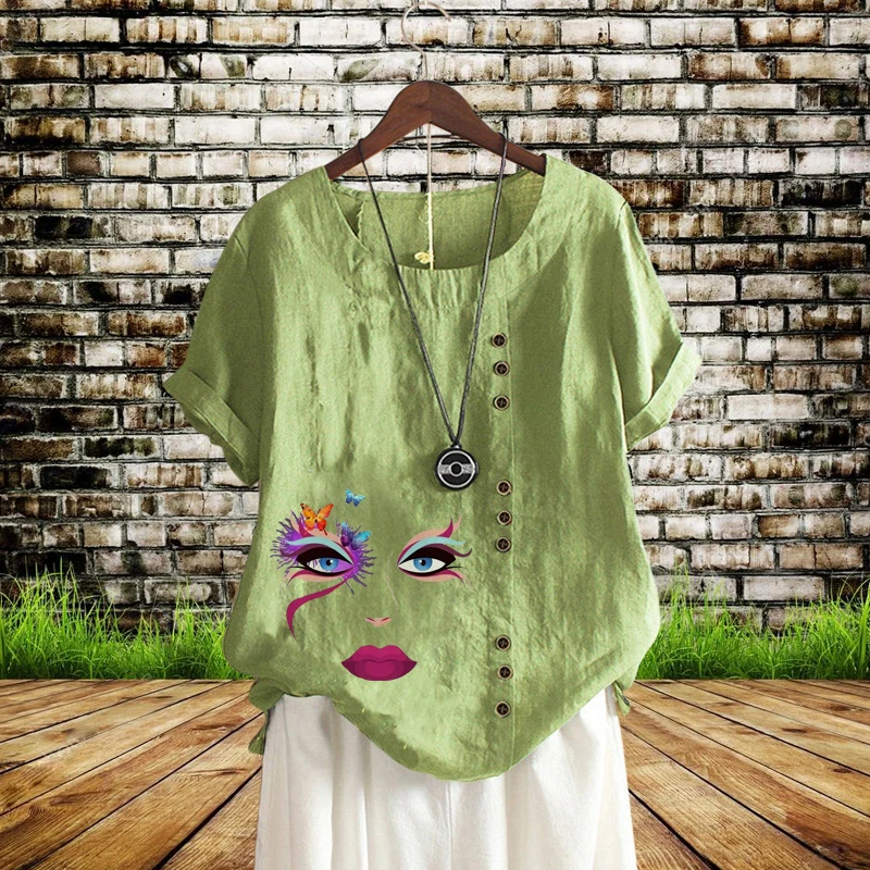 

Повседневная Свободная футболка, винтажная рубашка из хлопка и льна с принтом и круглым вырезом, женская летняя блузка с коротким рукавом