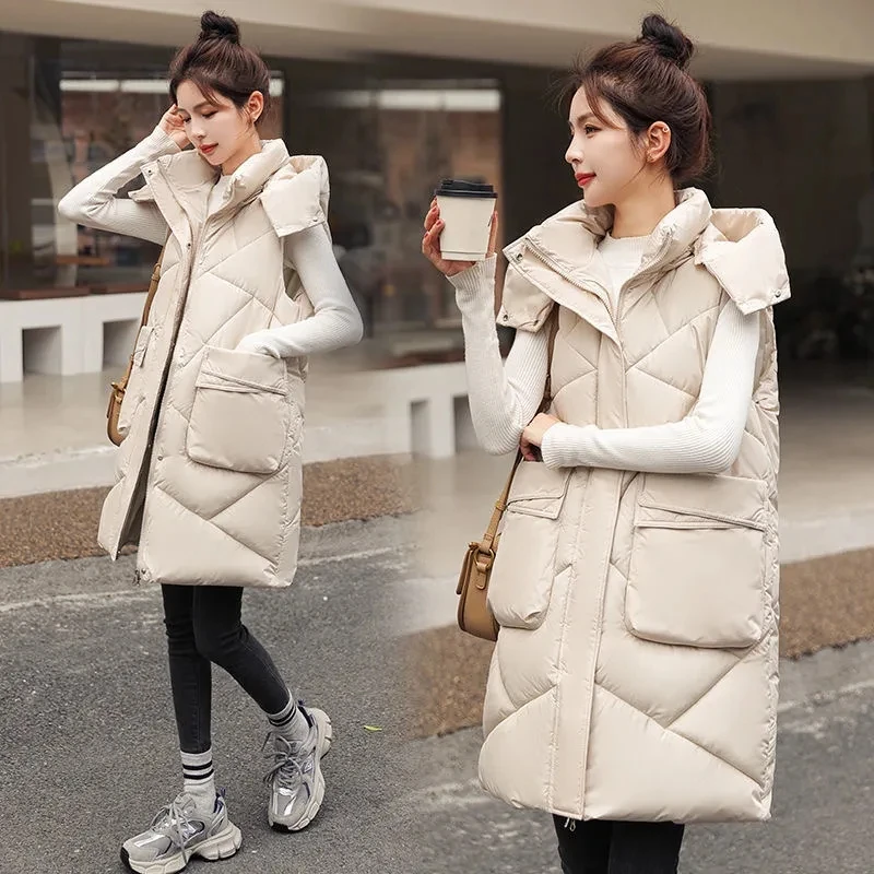 2023 New Winter Mid Length Vest Large Pocket Thickened Hooded Sleeveless Jacket Vests Coat Cotton Padded Coats Outwear Female
2023 New Winter Mid Length Vest Large Pocket Thickened Hooded Sleeveless Jacket Vests Coat Cotton Padded Coats Outwear Female