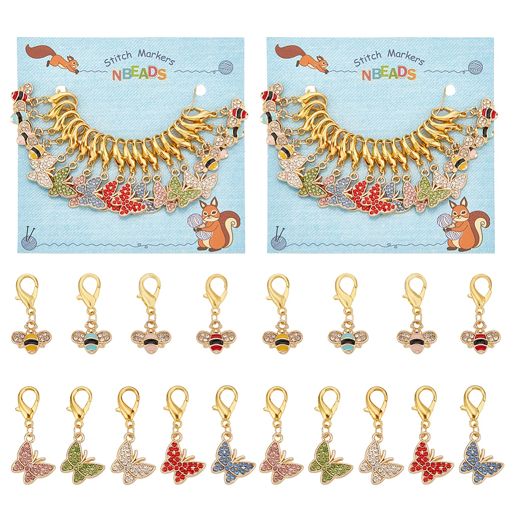 

36PCS Butterfly & Bee Stitch Markers Alloy Enamel Rhinestone Crochet Lobster Clasp Charms Locking Stitch Marker with Wine Glass