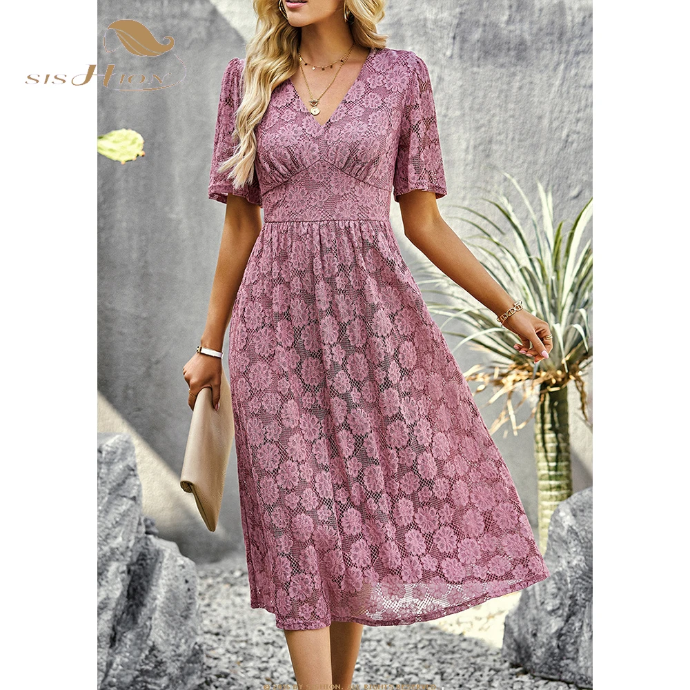 

2023 Elegant Summer Casual Dress Women Short Sleeve Embroidery Tunic Swing Ladies Lace Dresses A Line Runway Vintage Dress SR359