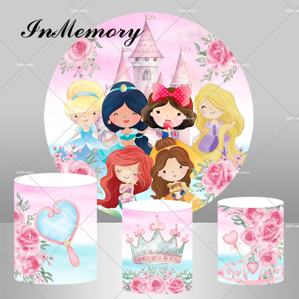 

Baby Princess Cinderella Jasmine Snow White Rapunzel Ariel Belle Round Backdrop Girls Baby Shower 1st Birthday Party Backgrounds