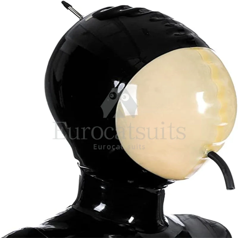 

Sexy Latex Hood Inflatable Black with Transparent Rubber Mask Handmade Halloween Cosplay Costumes for Men Women
