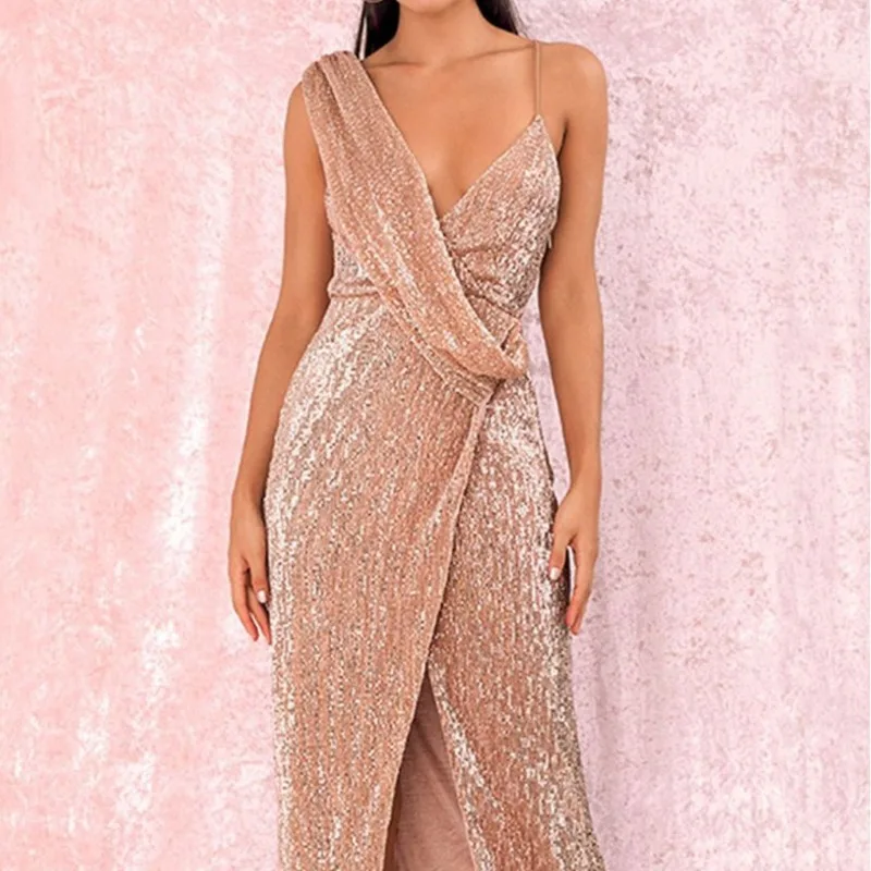 

2024 spring and summer banquet dress design sense one-shoulder sequins gold heavy industry evening dress female fishtail dresses