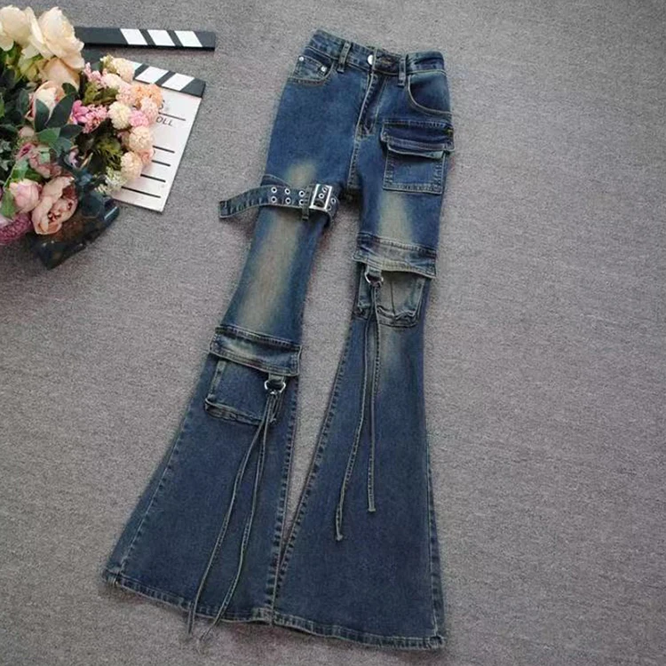 Women Vintage Heavy Industry Design High Waist Flare Jeans Y2K Slim Autumn New Multi Pockets Streetwear Cargo Denim Women Vintage Heavy Industry Design High Waist Flare Jeans Y2K Slim Autumn New Multi Pockets Streetwear Cargo Denim