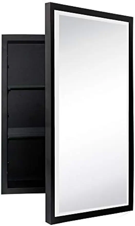 

Black Metal Framed Recessed Bathroom Medicine Cabinet with Mirror Rectangle Beveled Vanity Mirrors for Wall 16 x 24 inches