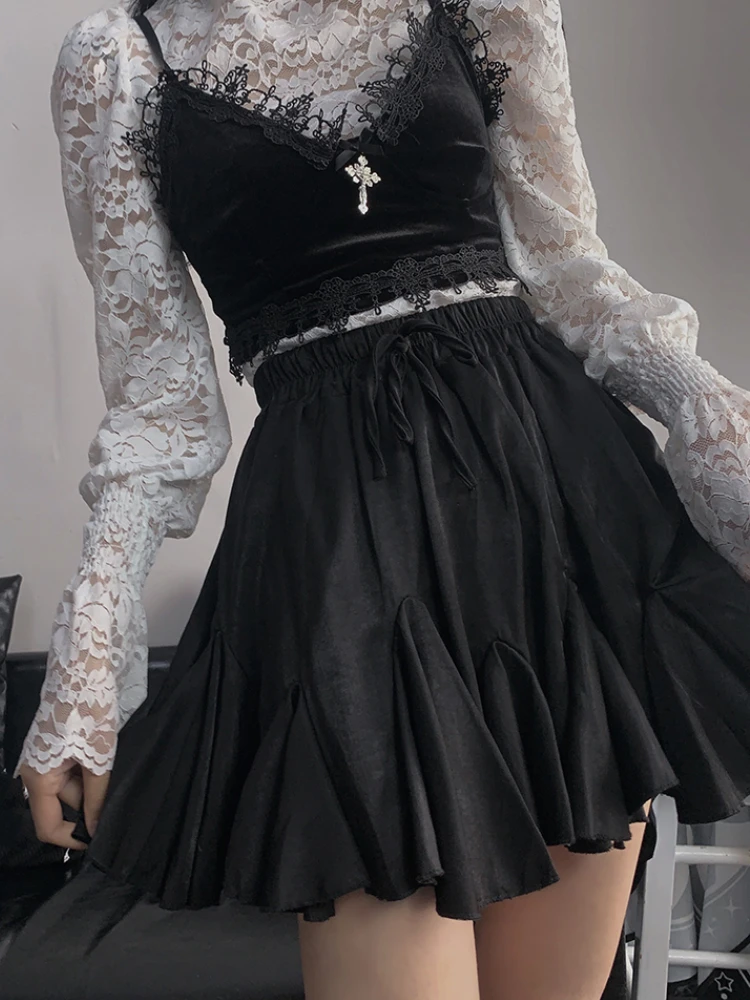 

DEEPTOWN Black Skirt Gothic Women Goth Egirl High Waist A-line Irregular Ruffles Mini Skirt Dark Summer Harajuku Streetwear
