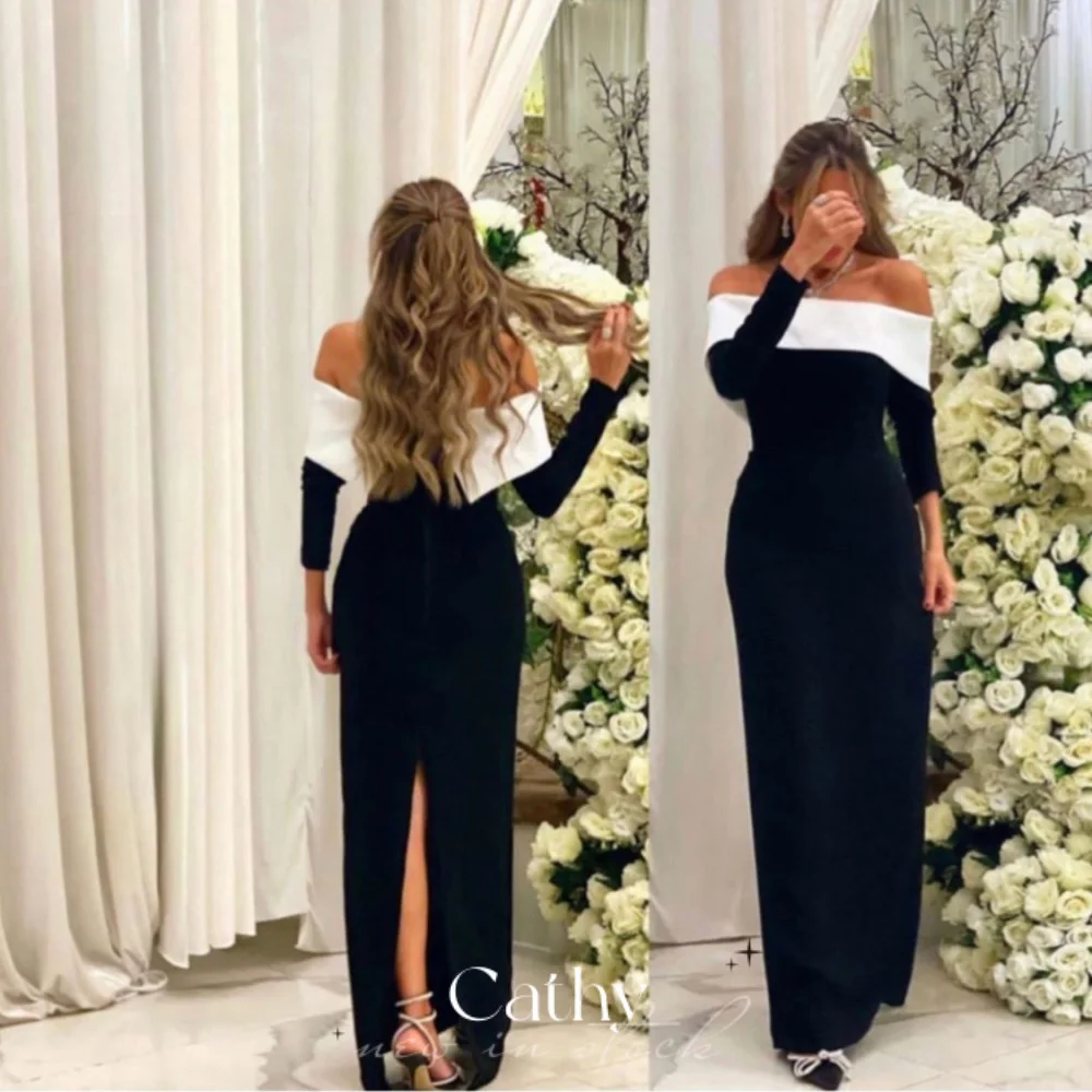 Cathy Sexy Off Shoulder Mermaid Prom Dress Black With Ivory Evening Dress Long Sleeve فساتين مناسبة رسمية Matt Satin Party Dress
Cathy Sexy Off Shoulder Mermaid Prom Dress Black With Ivory Evening Dress Long Sleeve فساتين مناسبة رسمية Matt Satin Party Dress