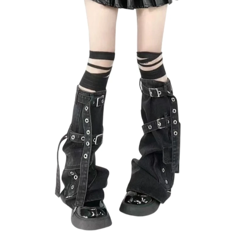 

Womens Punk Denims Flared Boot Cover with Metal Buckled Straps Harajuku Cargo Jeans Leg Warmer Knee Highs Long Stockings