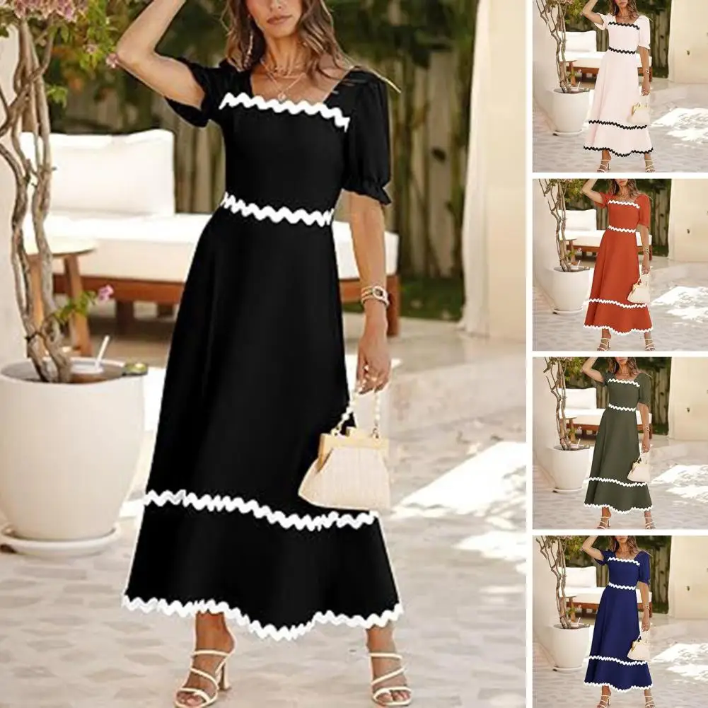 

Women Lace Splicing Dress Elegant Floral Patchwork Maxi Dress with Puff Sleeves Square Neckline for Women Summer Beach A-line