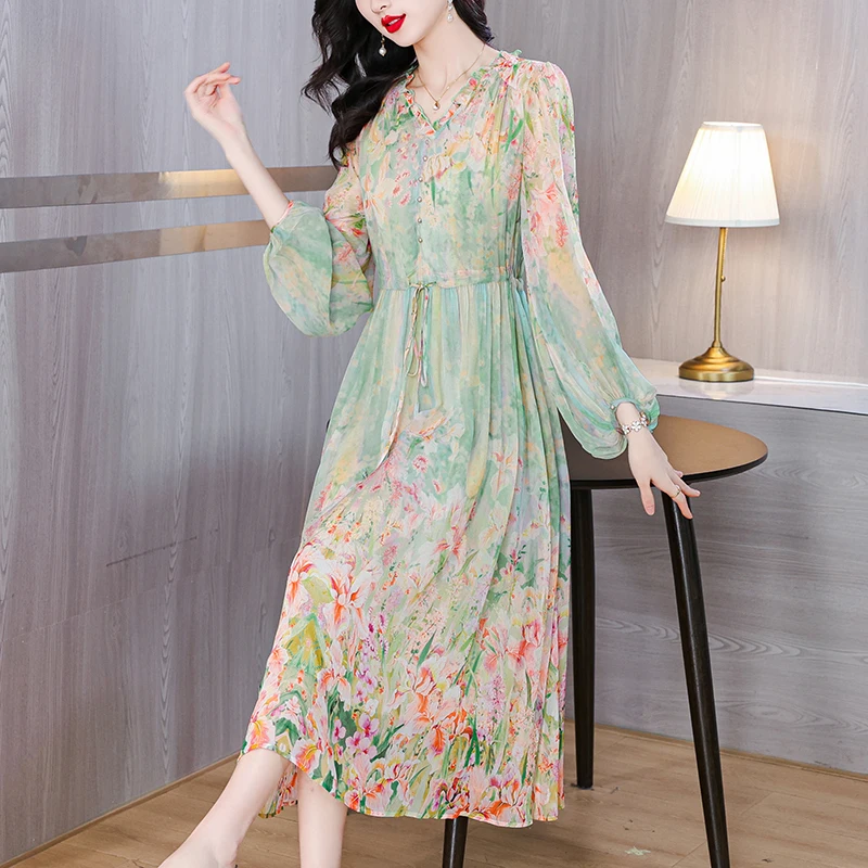 

Silk Dress 2024 New Gentle and Sweet Aging Reducing Mulberry Silk Flower Print Exquisite Romantic French Fragmented Flower Dress