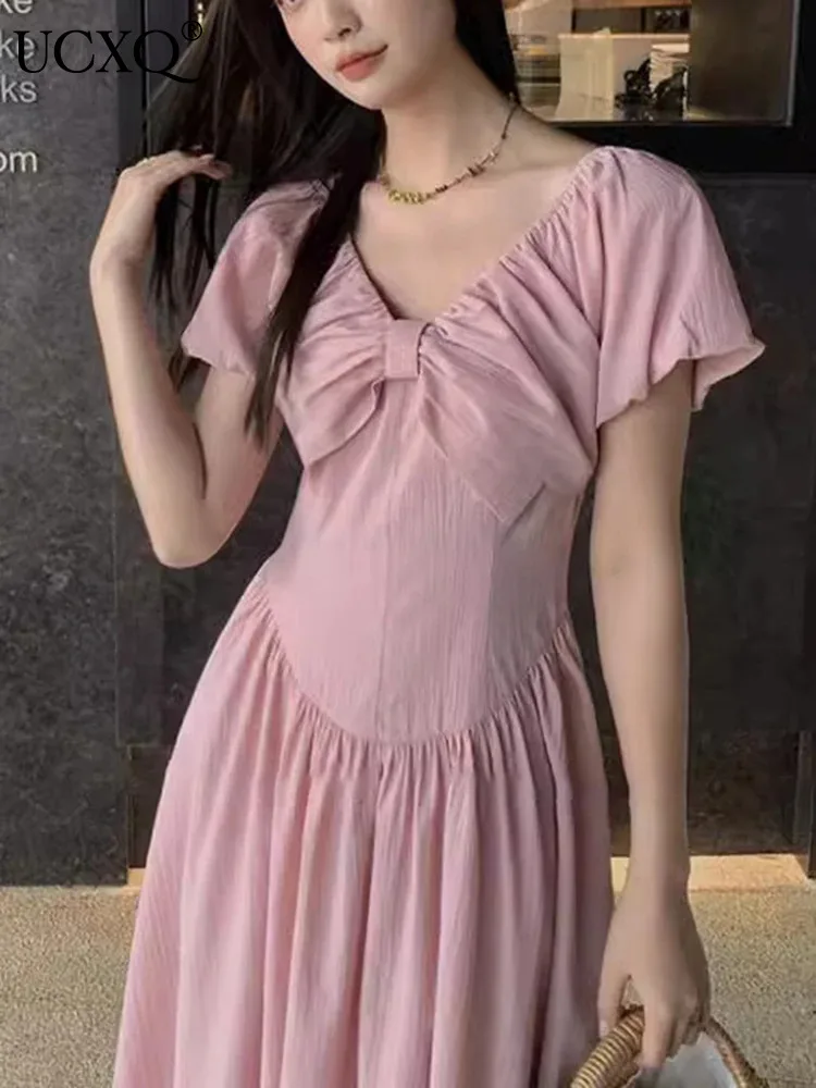 

Платье UCXQ женское с бантом и V-образным вырезом, элегантное винтажное длинное повседневное разноцветное в Корейском стиле с коротким рукавом, 3A8258, весна-лето 2024