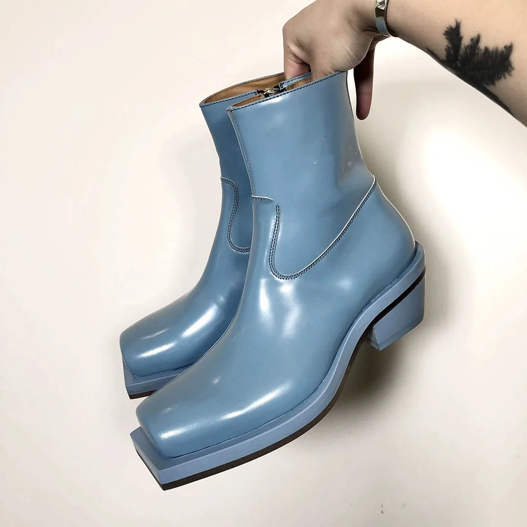 

Light Blue Square Toe Chelsea Boots Thick Heel Side Zipper Short Boats Patent Leather Ankle Botines Femininas Women Shoes