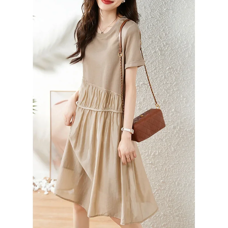 

Fashion O-Neck Spliced Folds Short Sleeve Dress Women's Clothing 2024 Summer New Loose All-match Solid Color Party Dress CY403