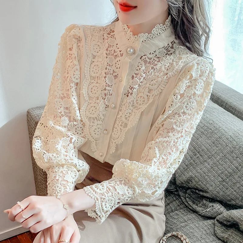 Women's Hollow Out Lace Bottom Shirt, Ruffled Half High Collar Shirt, New Fashion
Women's Hollow Out Lace Bottom Shirt, Ruffled Half High Collar Shirt, New Fashion