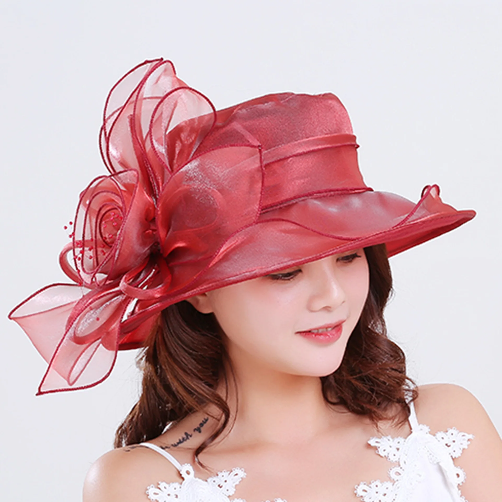 

Шляпа Женская Солнцезащитная из органзы, Модная элегантная шапка с широкими полями, для церкви, свадьбы, пляжа, летняя