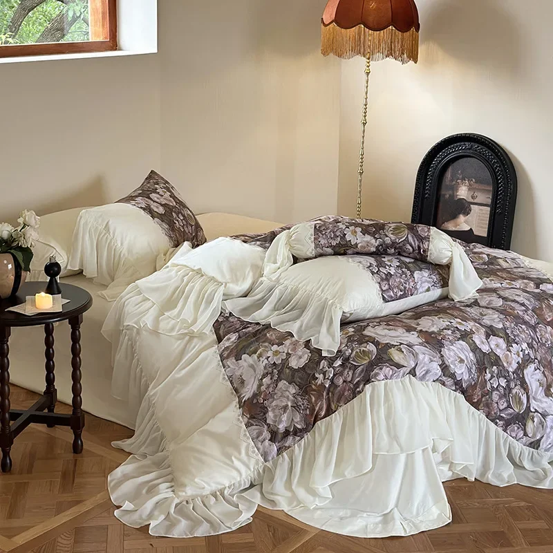 Pure Cotton 100S High Count Long Staple Cotton Four Piece Set with Retro Printed Chiffon Lace Quilt Cover, All Cotton Bedding
Pure Cotton 100S High Count Long Staple Cotton Four Piece Set with Retro Printed Chiffon Lace Quilt Cover, All Cotton Bedding