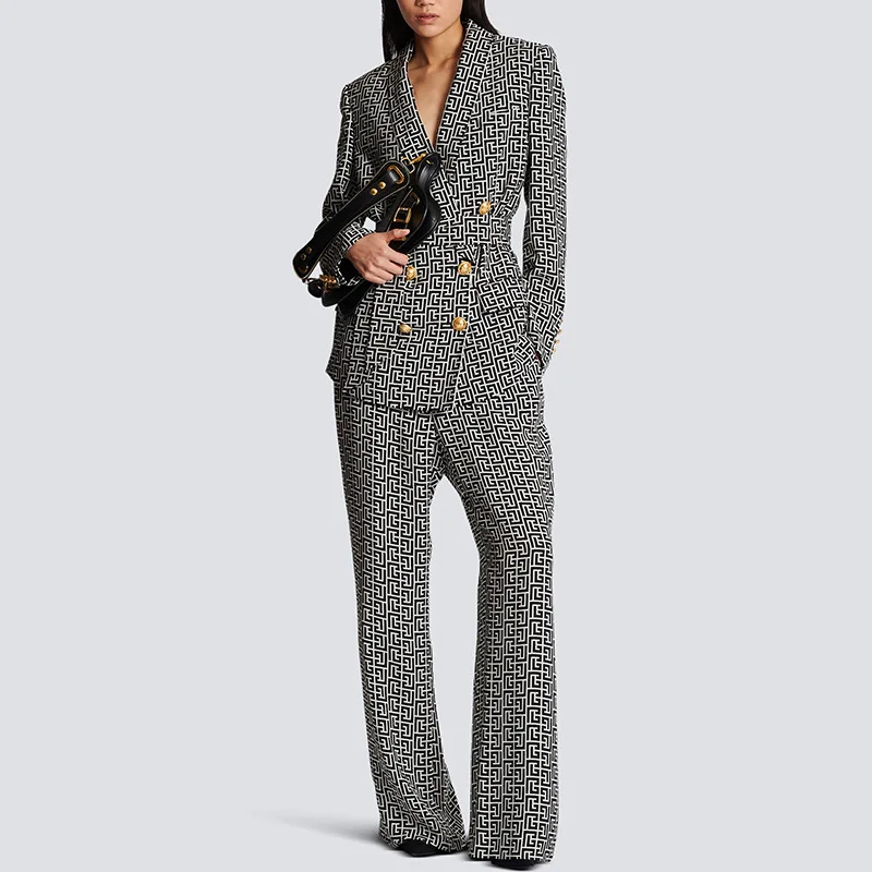 

Women Fashion Pant Suit 2023 Autumn Winter Black Monogram Printed Shawl Collar Double Breasted Belted Blazer And Trouser 2 Piece