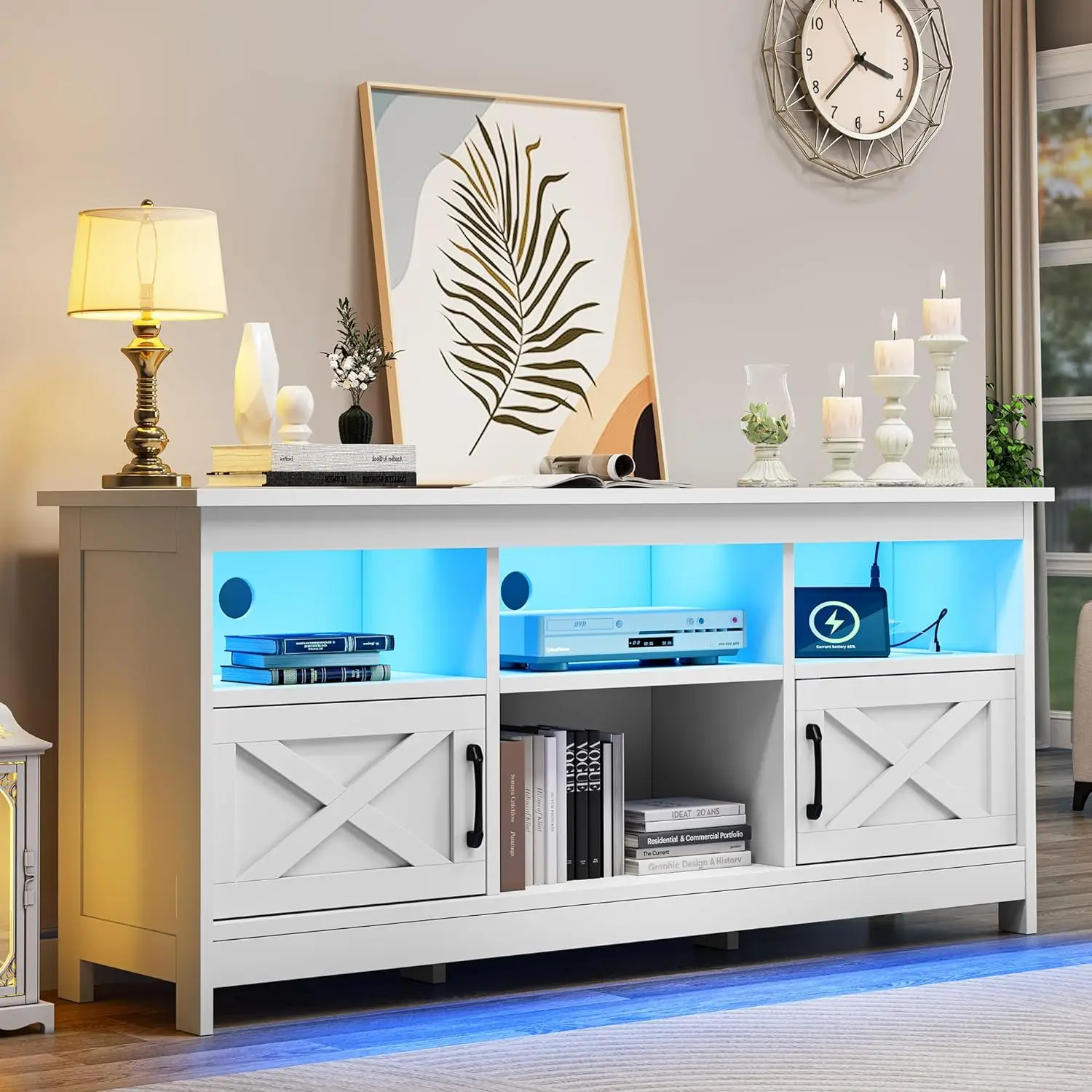 TV Stand for 55 65 Inch TV, Entertainment Center with Storage Cabinets, LED Light Farmhouse TV Stand with Power Outlet
TV Stand for 55 65 Inch TV, Entertainment Center with Storage Cabinets, LED Light Farmhouse TV Stand with Power Outlet