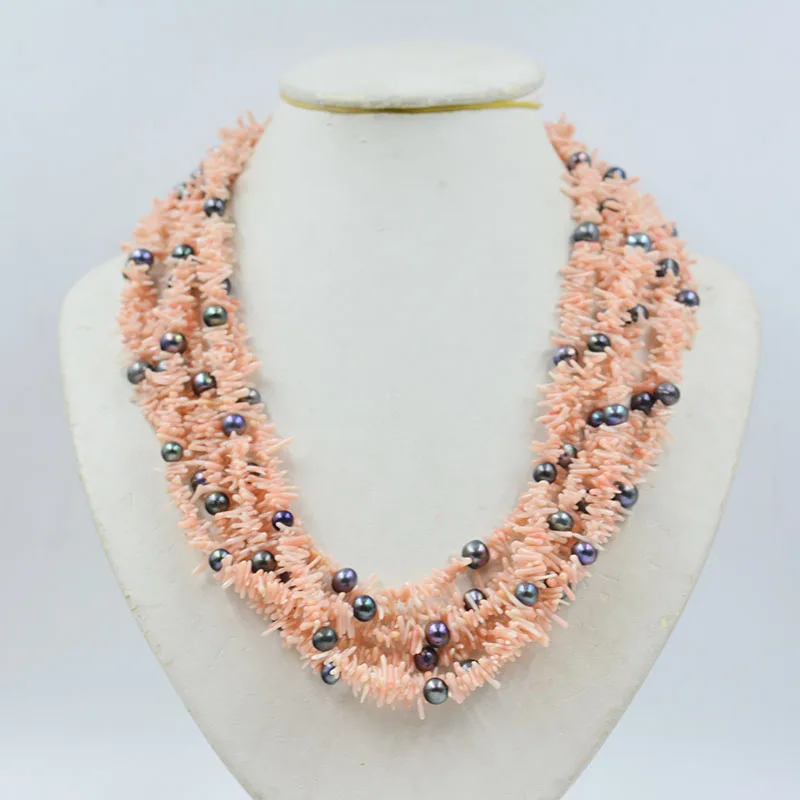 

6 strands of natural coral/natural black pearl necklace, perfect female party jewelry 21"
