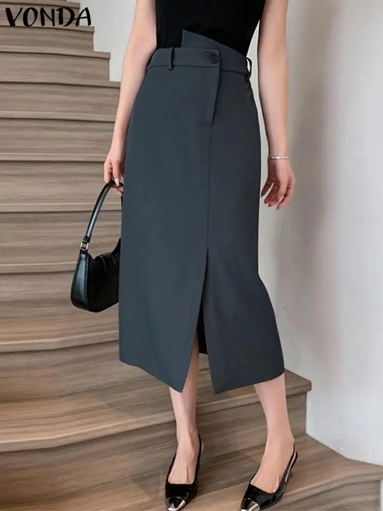

VONDA Elegant Summer High Waist Long Skirts 2024 Solid Color Women Midi Bottoms Slit Casual Solid Color Office OL Party Skirts