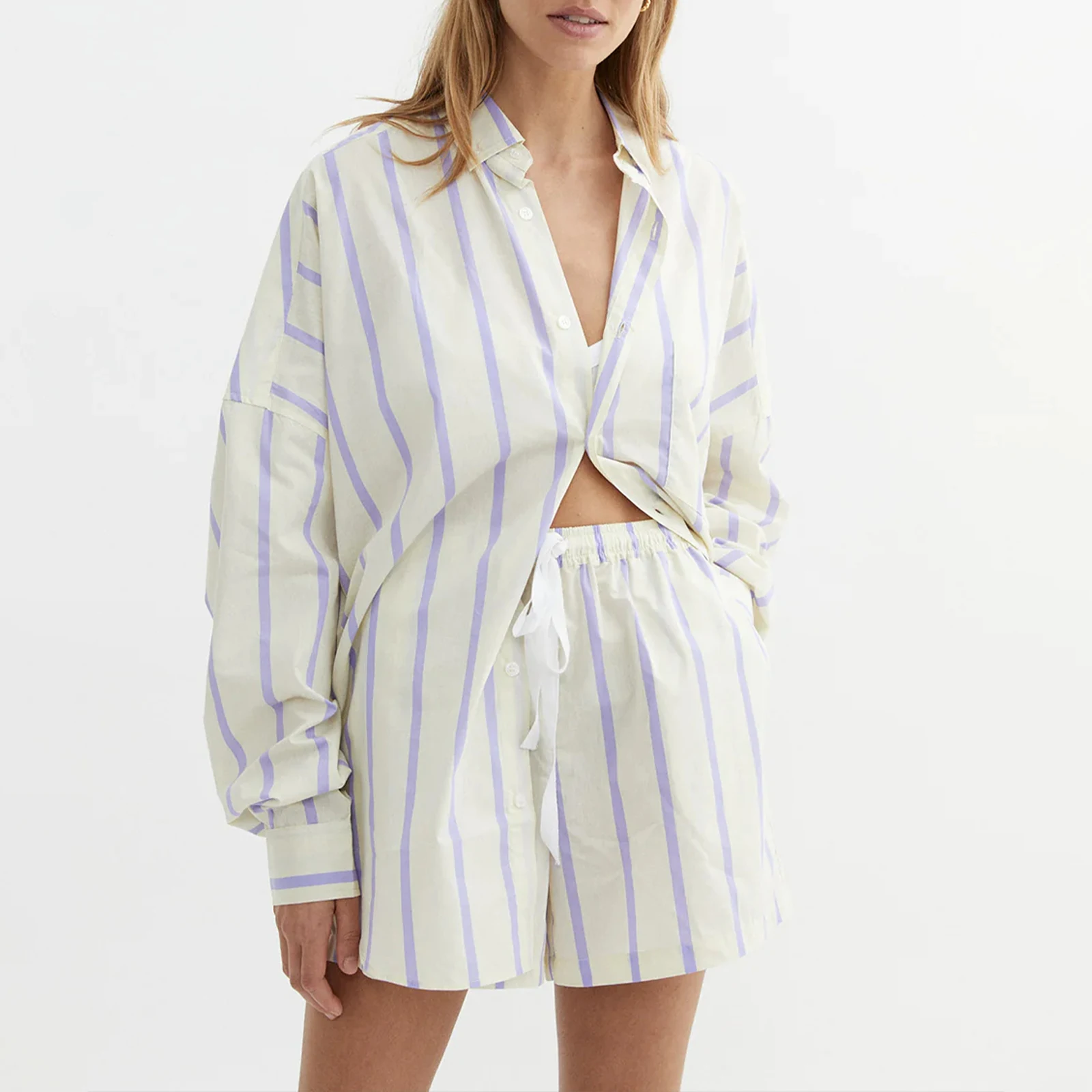 

8 Colors Women 2 Pieces Pajama Sets Sleepwear Striped Long Sleeve Shirt with Elastic Waist Shorts Summer Fall Loungewear