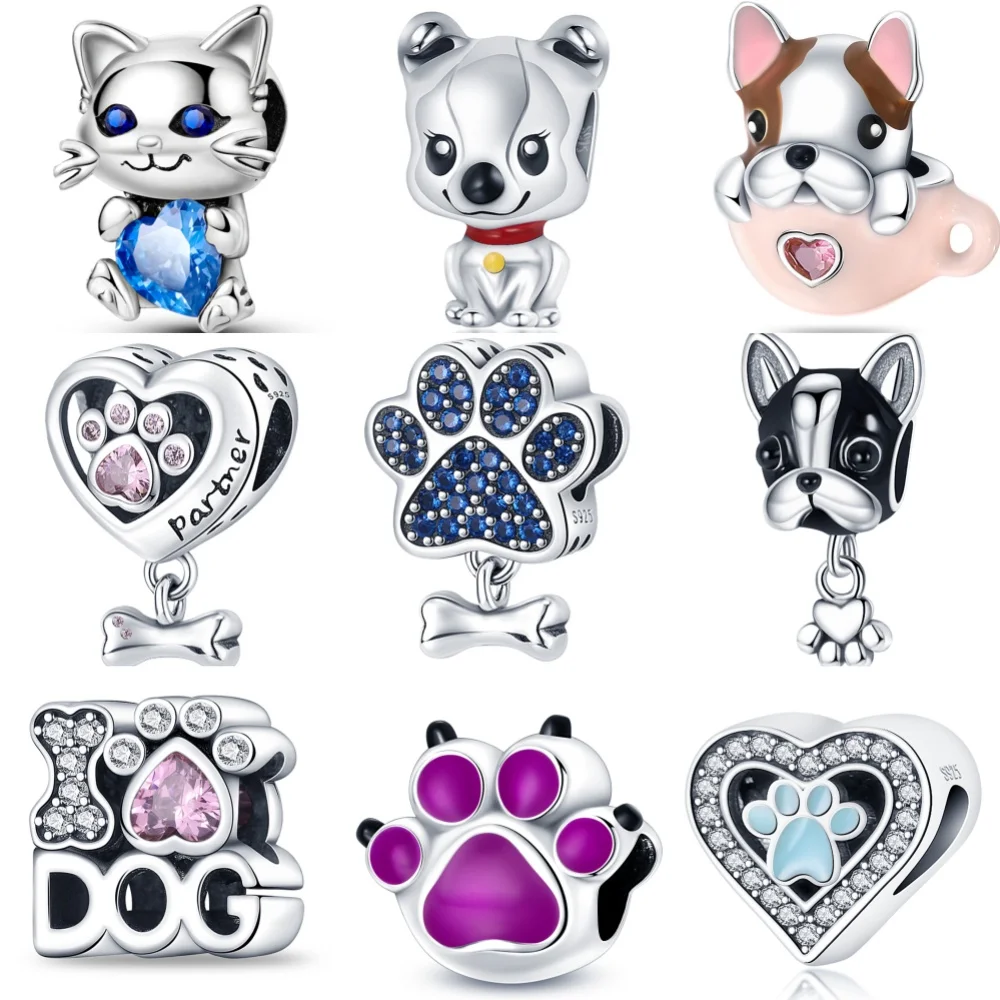 

925 Sterling Silver Cat Dog Pet Animal Paw Prints Series Charms Beads Fit Original Pandora Bracelets S925 DIY Jewelry Gifts