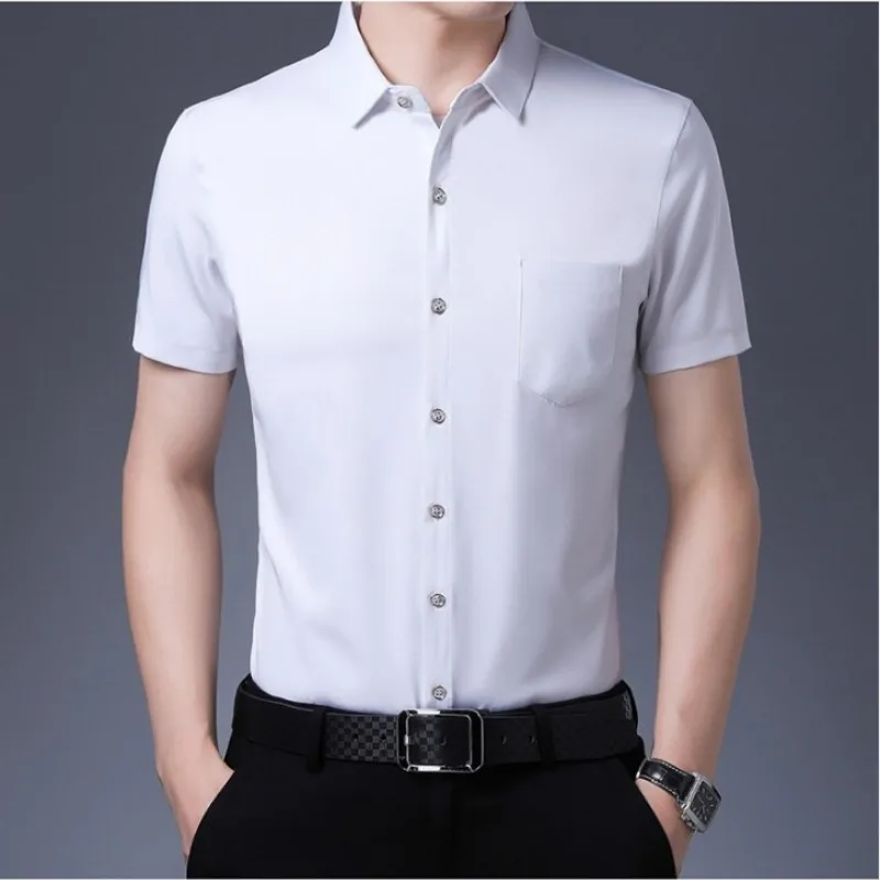 

New Casual Fashion Slim Fit Solid Color Business Shirt Short Sleeved Summer Top Men's Clothing Lapel Real Pocket Workwear Shirt