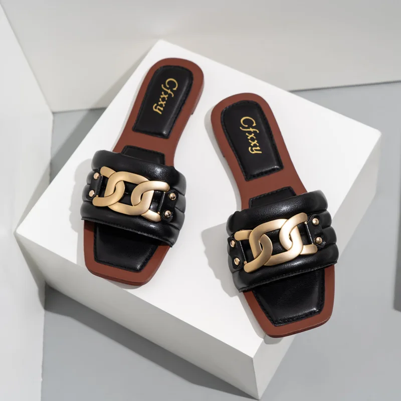 Summer Slippers Women Square Toe Black Summer Shoes Gold Chain Ladies Slides Flip Flops Zapatos Mujer Chaussure Femme Big Size
Summer Slippers Women Square Toe Black Summer Shoes Gold Chain Ladies Slides Flip Flops Zapatos Mujer Chaussure Femme Big Size