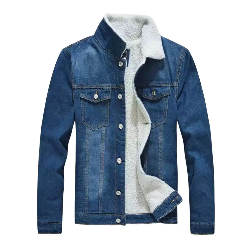 

Fashionable Men Outerwear Men's Slim Fit Denim Jacket with Stand Collar Thickened Plush Lining Neck Protection for Fall