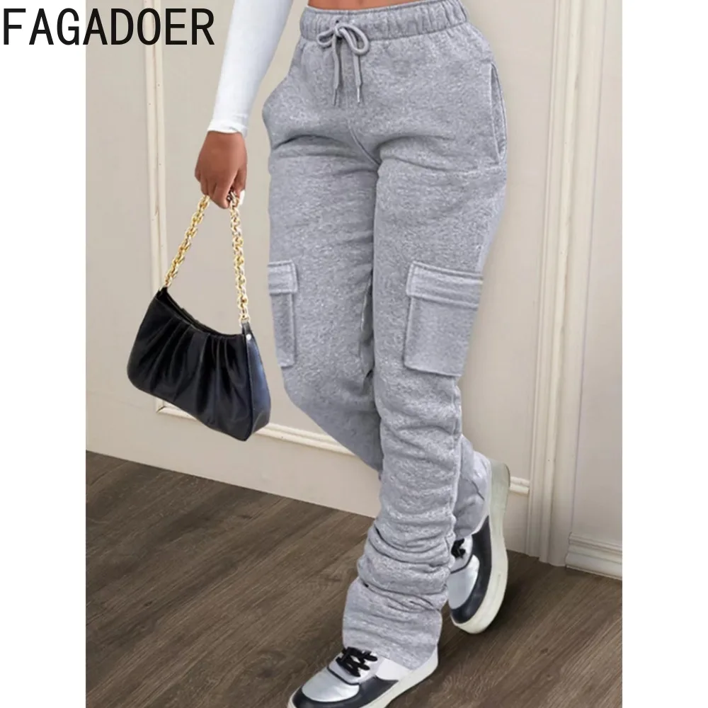 

FAGADOER Gray Autumn Winter Drawstring Jogger Pants Women High Waisted Pocket Stacked Trousers Casual Female Sporty Sweatpants